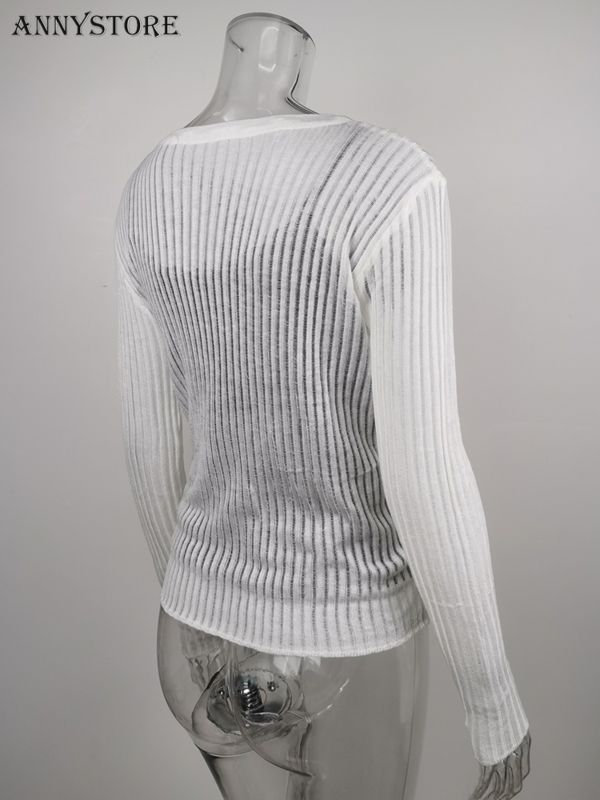 قميص Y2K مثير أبيض أنيق مخطط شفاف من خلال ملابس نسائية تي شيرت بأكمام طويلة تي شيرت ضيق لحفلات النوادي