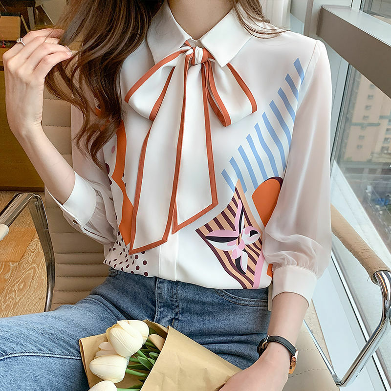 Contrast color floral shirt three-quarter sleeve bow strap top new 2022 autumn chiffon shirt Casual  Floral  Floral   Bow #6