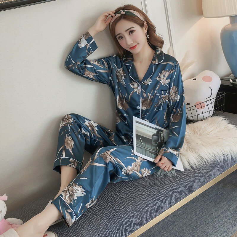 Summer Silk Satin Pajamas Set Woman Printed Long Sleeve Sleepwear Pijamas Suit Female Sleep Two Piece Loungewear Plus Size #5