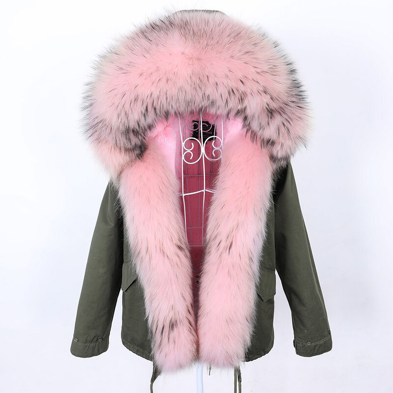 Women's Winter Natural Raccoon Big Fur Collar Parka Real Fox Fur Stylish Thermal Coat Female Short Bomber Slim Leisure Jacket