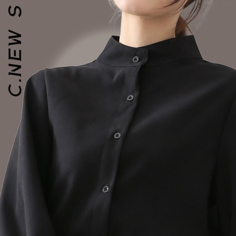 C.New S قميص المرأة الجديدة فضفاضة مكتب سيدة بلوزات أنيقة واحدة الصدر الوقوف طوق قمصان عادية Vintage ملابس امرأة الإناث