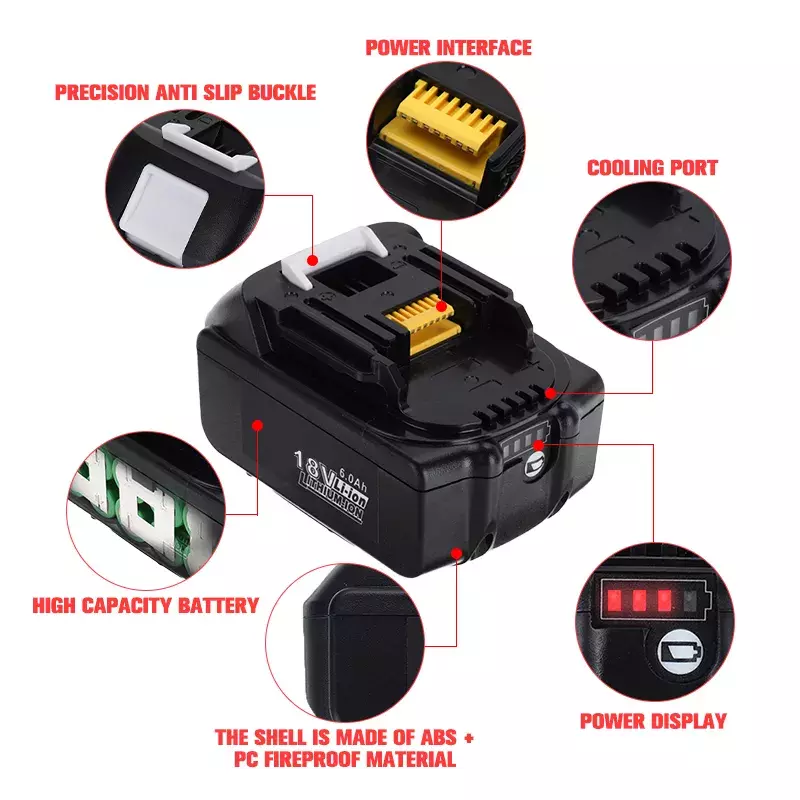 Ion Is Suitable For Makita 18v Battery 6Ah BL1840 BL1850 BL1830 BL1860B LXT400 With Charger BL1860 Rechargeable Battery