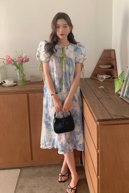 Korean summer small broken flower short sleeved dress for women