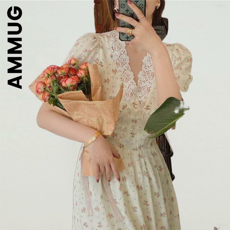 Ammug فستان جديد المرأة مطاطا الدانتيل الشيفون الكورية فستان حفلة نفخة الأكمام الخامس الرقبة فستان ميدي رداء كسول فستان رخيصة امرأة