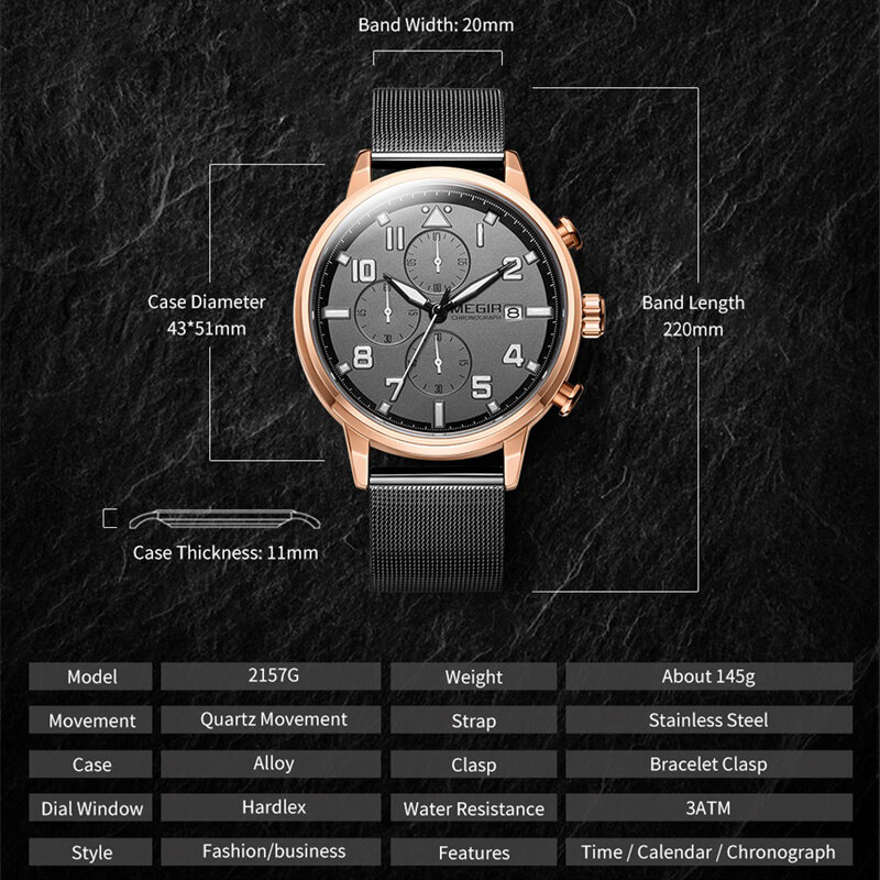 MEGIR موضة الأزرق ساعة كوارتز رجالية كرونوغراف من الفولاذ المقاوم للصدأ الساعات الرياضية للرجال ساعة مضيئة مقاوم للماء ساعات المعصم