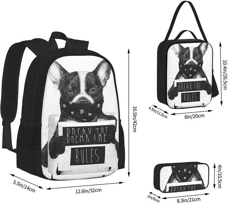 الفرنسية البلدغ المتمردين الكلب المدرسية حقيبة سفر حقيبة عادية Daypack الغداء حقيبة مقلمة للبنين المراهقين بنات 3 قطعة مجموعات