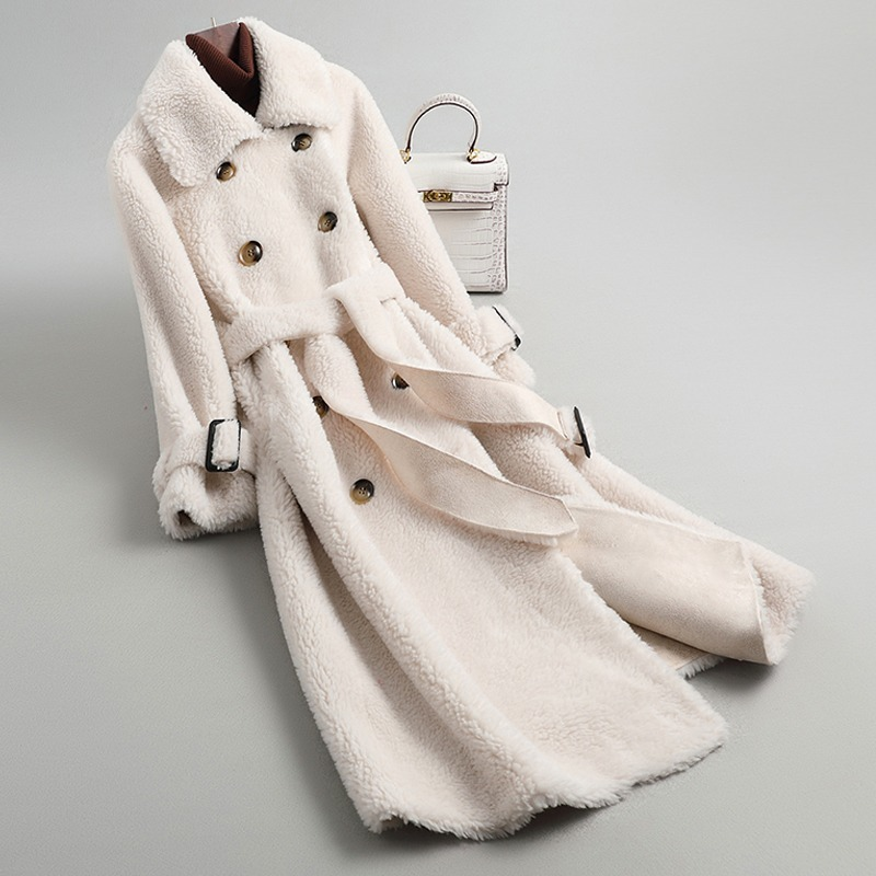 الشتاء محبب القص معطف السيدات معطف الصوف السيدات أنيقة مزدوجة الصدر طويل موضة الدفء السيدات معطف جلد الخراف عادية