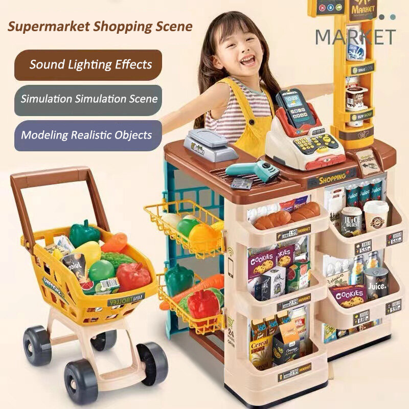 كبيرة محاكاة كبيرة سوبر ماركت متعددة الوظائف التسوق دعوى عربة التسوق الصغيرة ماكينة تسجيل المدفوعات النقدية الأطفال التظاهر اللعب اللعب هدية