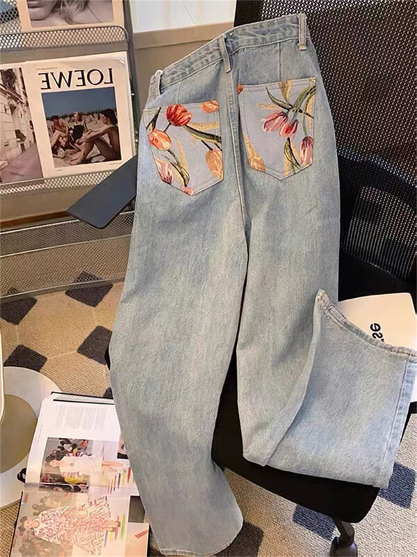 توليب طباعة مستقيم جينز المرأة الربيع ريترو هونغ كونغ نمط تصميم سليم عالية الخصر بنطال ذو قصة أرجل واسعة الأزرق الدنيم السراويل الإناث