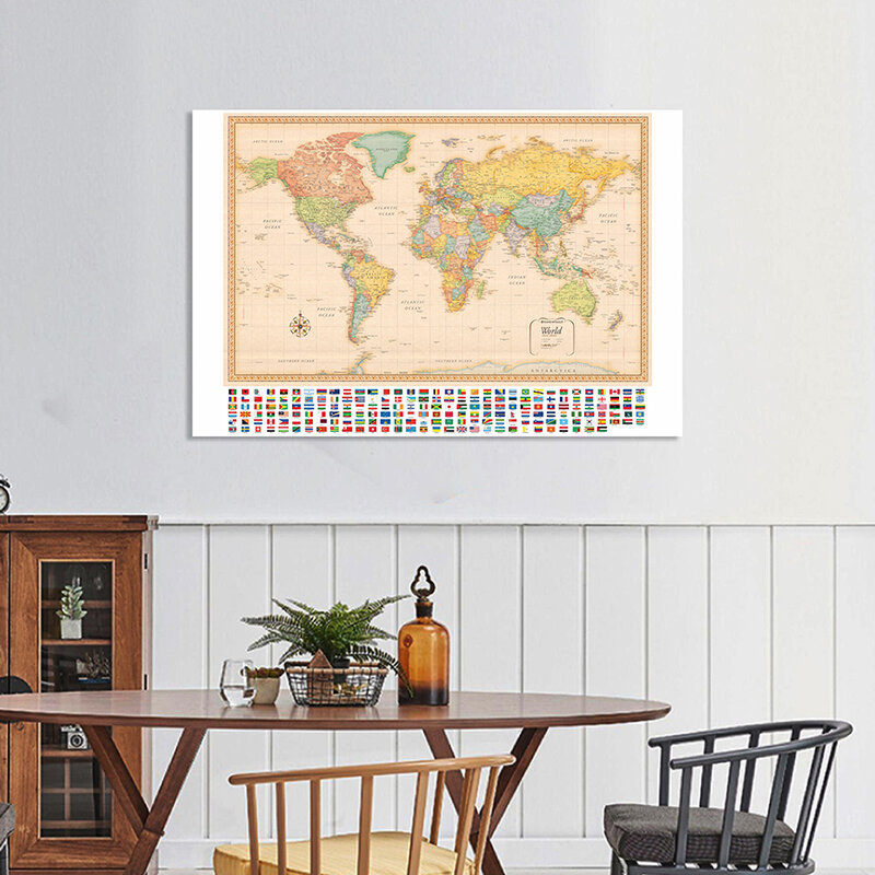 150*100cm The Retro World Map with National Flags Wall Art Poster Non-woven Canvas Painting School Supplies Classroom Home Decor