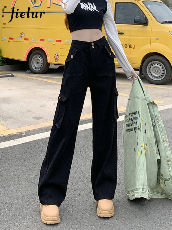 Jielur ملابس عمال أسود البضائع الجينز النساء الشارع الشهير متعدد جيوب عالية الخصر السراويل للنساء كول مستقيم بنطال ذو قصة أرجل واسعة S-XL