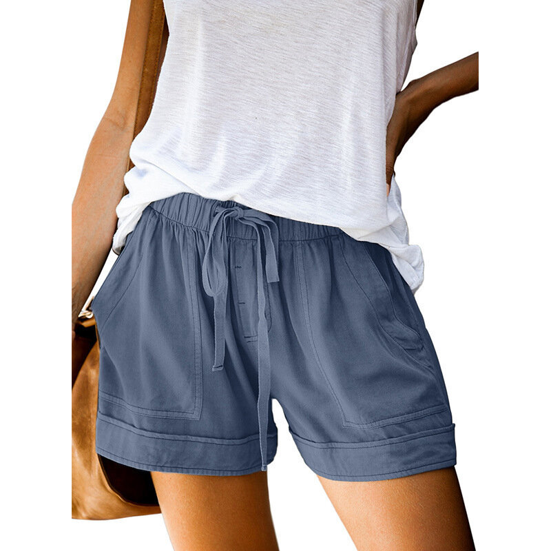السيدات بسيطة بلون بانت الصيف مرونة الخصر واسعة الساق السراويل النساء الرباط عادية مع جيوب كبيرة السراويل القصيرة