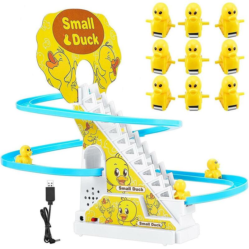 ليتل الأصفر بطة تسلق الدرج لعبة الكهربائية المسار الشريحة الدرج الرول كوستر لعبة مع أضواء Led الموسيقى التفاعلية