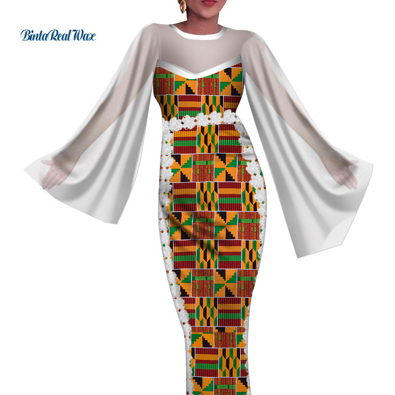 امرأة أفريقية فساتين طويلة الأكمام للنساء كشكش كم طويل حورية البحر اللباس حزب Vestido بازان الأفريقي النساء الملابس WY8442