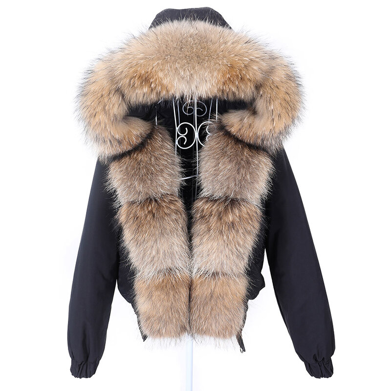 Women's Winter Natural Raccoon Big Fur Collar Parka Real Fox Fur Stylish Thermal Coat Female Short Bomber Slim Leisure Jacket