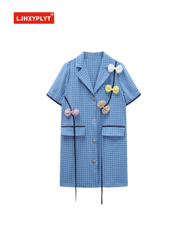 النمط البريطاني غير المتماثلة شبكة القوس منقوشة دعوى تنورة المرأة الصيف تصميم جديد واحدة الصدر فقاعة قصيرة الأكمام فستان أزرق الإناث