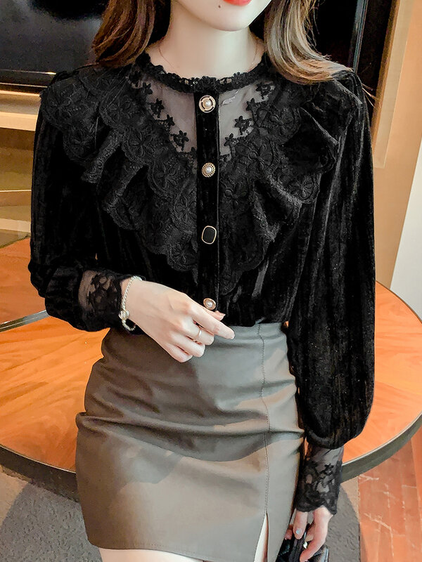 QOERLIN بلوزة نسائية دانتيل مكشكشة أكمام طويلة موضة كورية واحدة الصدر قمصان سوداء أنيقة قمصان علوية بأزرار للسيدات #3