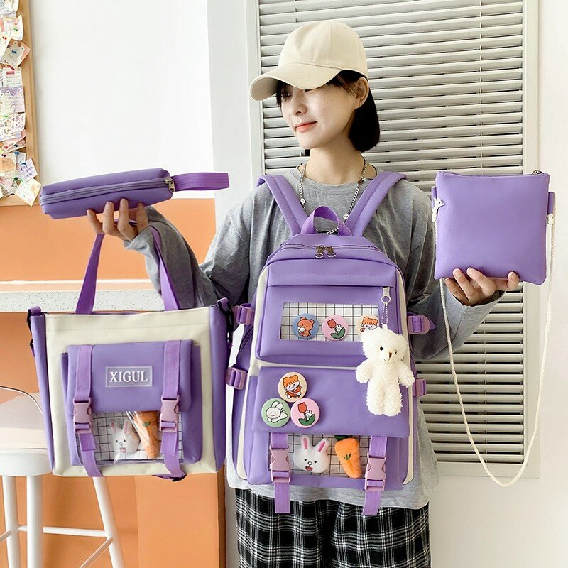 Kawaii المرأة على ظهره الكرتون طالب فتاة حقيبة مدرسية متعددة قطعة مجموعة الإناث على ظهره لطيف حقيبة مدرسية s للفتيات