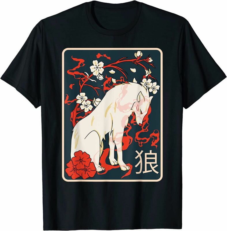 القديمة اليابانية الذئب الفن Vintage س الرقبة القطن تي شيرت الرجال عادية قصيرة الأكمام تيز القمم دروبشيبينغ