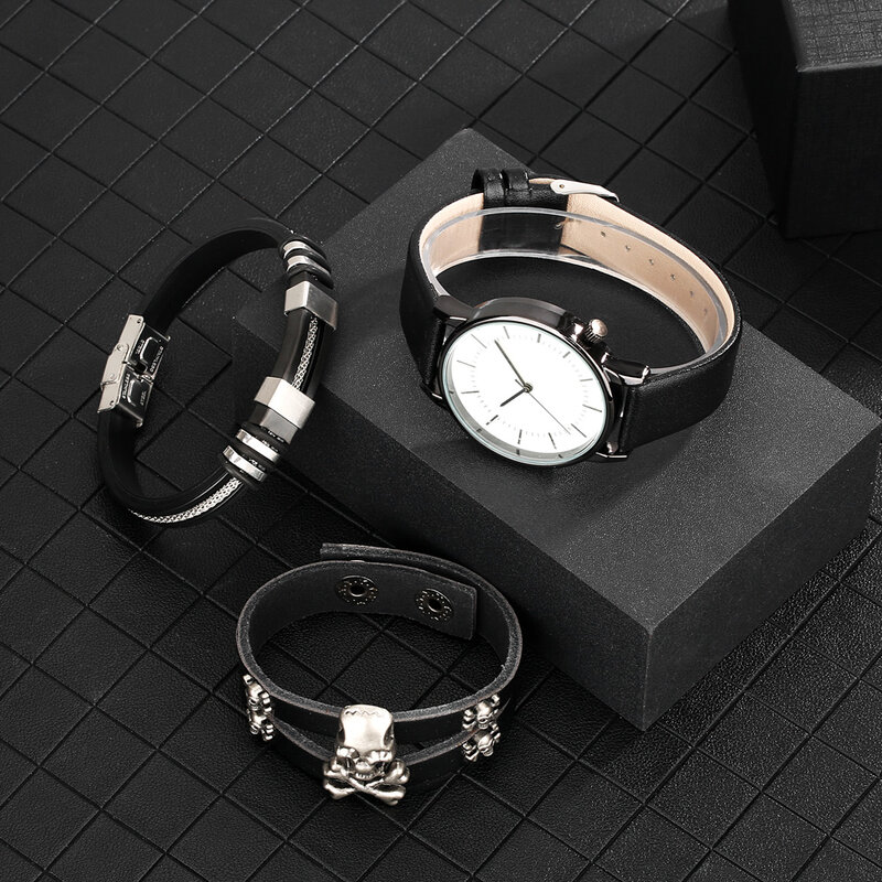 3 قطعة جديد عصري الرجال علبة ساعة هدية حزام من الجلد سوار خمر الرياضة ساعات كوارتز مجموعات عيد الحب لصديقها #4