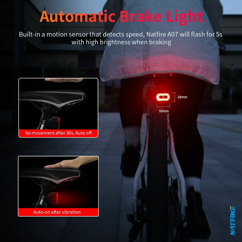 NATFIRE A07 ذكي ضوء ذيل الدراجة استشعار الفرامل المصابيح الخلفية السيارات على إيقاف تشغيل USB C قابلة لإعادة الشحن السلامة تحذير الدراجات أضواء