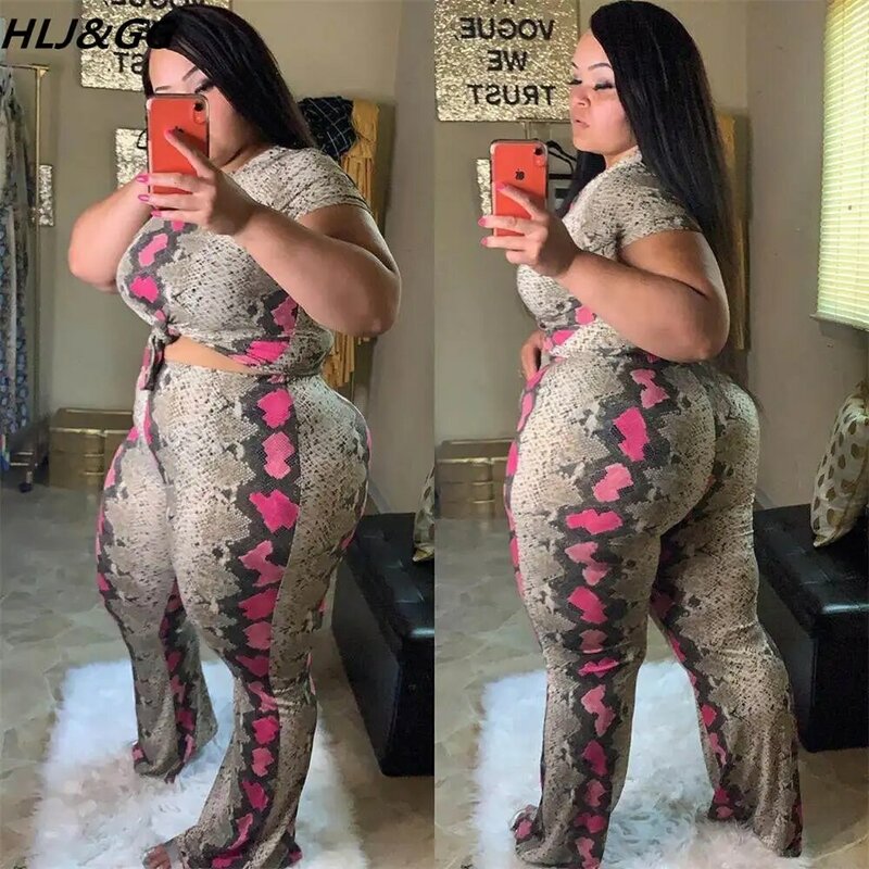 HLJ&GG Plus Size Two Piece Sets L-4XL Fashion Snake Skin Print Short Sleeve Crop Top + Skinny Pants Two Piece Sets Sexy Outfits