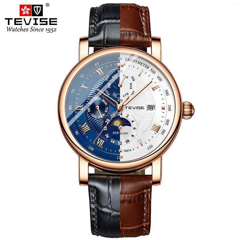 TEVISE T867A ساعة اليد ساعة اليد التلقائي حركة ميكانيكية القمر المرحلة كاملة التقويم الأسبوع عرض Hardlex مقاومة للماء