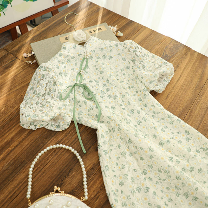 Green Sen Cheongsam Modern Chinese Qipao Floral Bubble Sleeve Improved Design Cheongsam 2022 Young Girl's Dress Womemn's Clothes