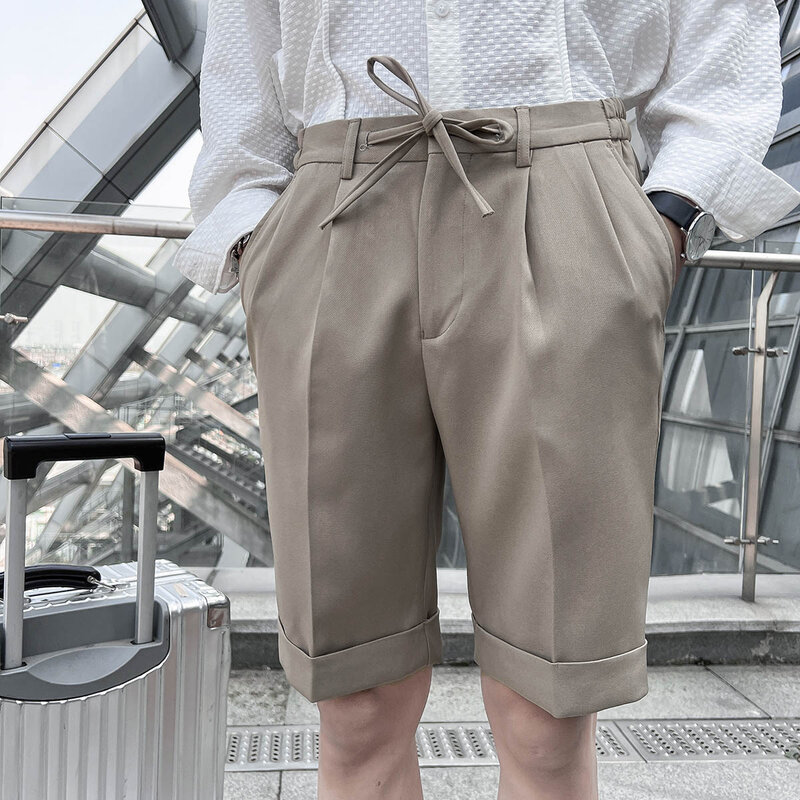2022 صيف جديد مرونة الخصر الركبة طول الأعمال ملابس رسمية مستقيم السراويل الرجال الملابس بسيطة سليم صالح عادية قصيرة أوم #3