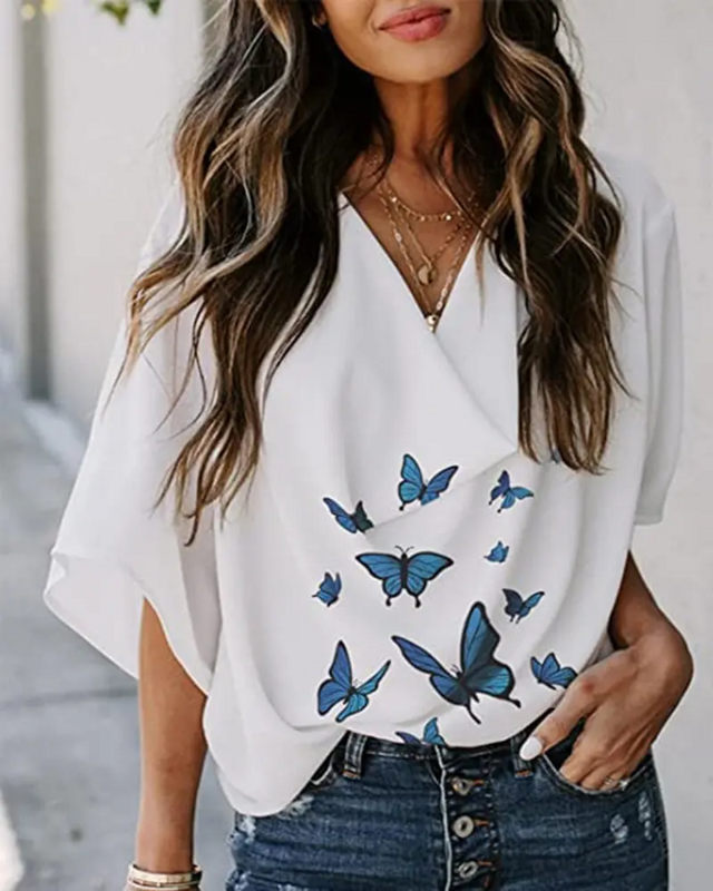 Women Blouse Elegant Butterfly Print Half Sleeve Top Fashion White Long Sleeve Shirt Chic Daily All-Match Streetwear