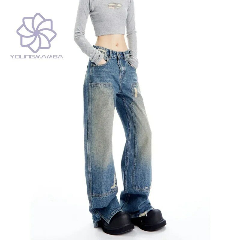 Jeans الأمريكية غسلها الجينز للنساء ، أنبوب مستقيم ، فضفاضة واسعة الساق ، بنطلون أزرق فاتح ، الدنيم السراويل ، الخريف والشتاء