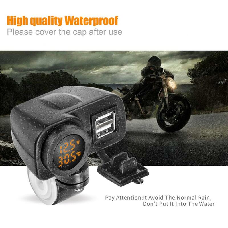 Dropshipping!! Digital Display Motorcycle Dual USB Charger Voltmeter Thermometer for Cell Phone