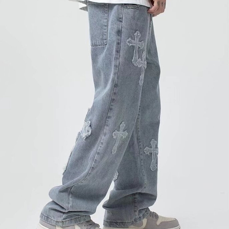 بنطلون جينز فضفاض للشارع للرجال سراويل جينز فضفاضة متقاطعة على طراز الهيب هوب للرجال سراويل جينز نسائية كبيرة الحجم جينز دينم
