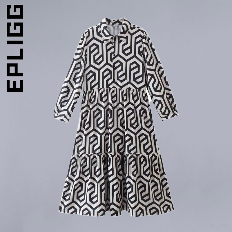 فستان نسائي جديد من Epligg ثنيات مطبوعة هندسية عتيقة ثنيات مكشكشة ملابس أثواب حفلات كسولة كلاسيكية ملابس نسائية