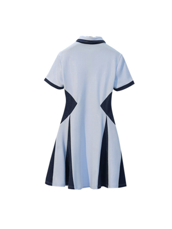 بولو طوق الأزرق قصيرة الأكمام فستان الصيف تصميم جديد مزاجه بسيطة المألوف خياطة التباين منتصف طول تنورة الإناث