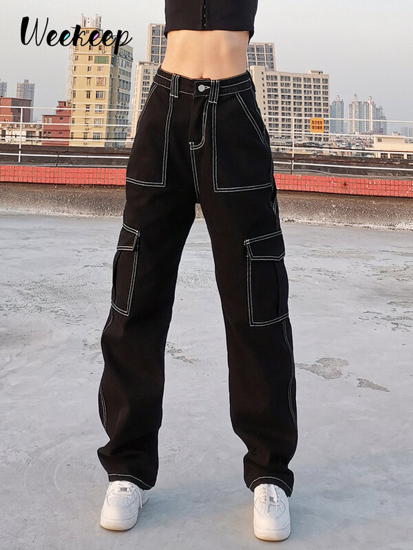 Weekeep-بنطلون جينز فضفاض مرقع للسيدات ، بنطلون جينز قطن 100% ، بنطلون فضفاض ، ملابس شارع عصرية كورية ، خريف وشتاء