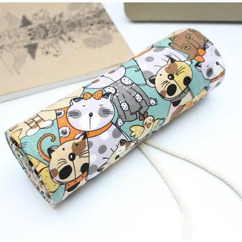 Big Face Cat Pattern Canvas Portable Handmade Rolling Pencil Roll Wrap Holder Pouch Case Storage Organizer With 48 Slots