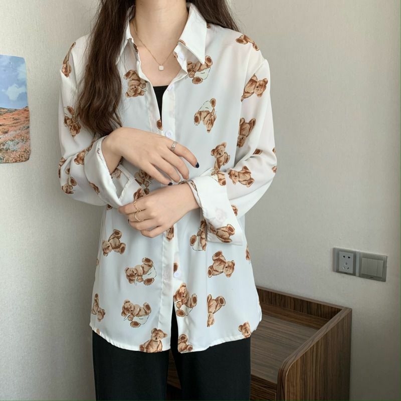 لطيف الدب طباعة Buttion حتى قميص الخريف الكورية موضة 2022 قمصان للنساء الأبيض كم طويل عادية العصرية الإناث الملابس