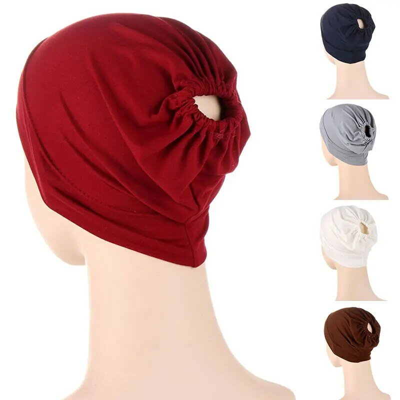 1Pc Women Turban Cap Solid Color Horsetail Cap Fashion Elastic Comfortable Head Wrap Cap Muslim Hat Women Accessories