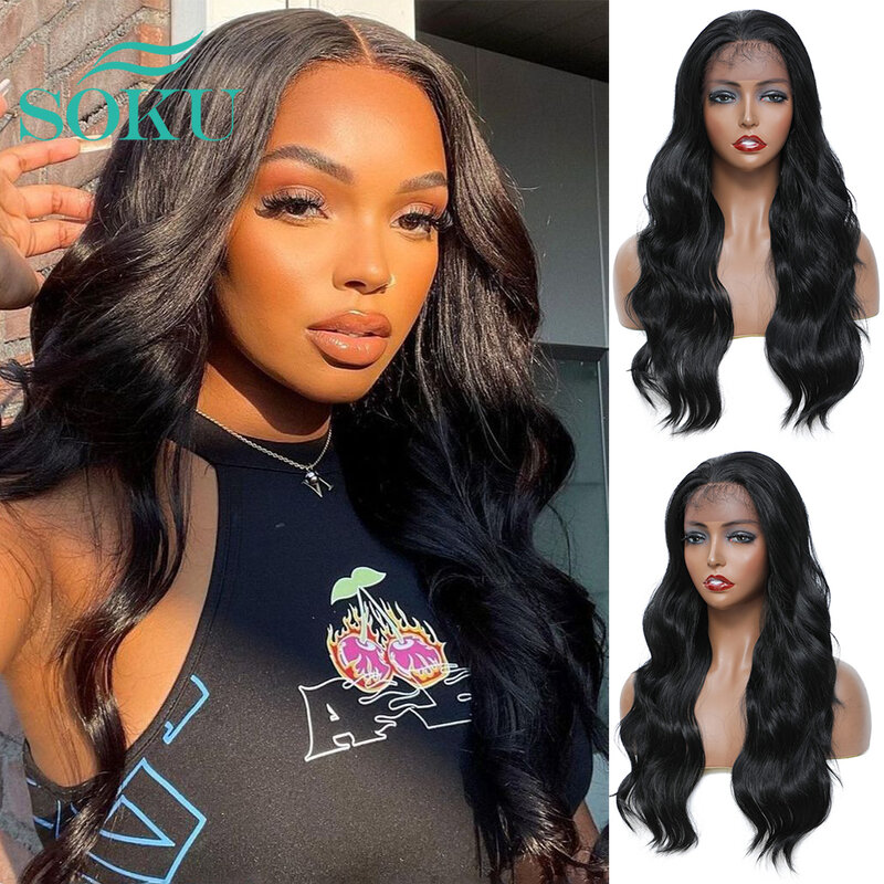 Long Body Wavy Synthetic Lace Wig With Baby Hair Black Wavy For Black Women Free Part Wig Daily Heat Resistant Fiber Hair SOKU #1