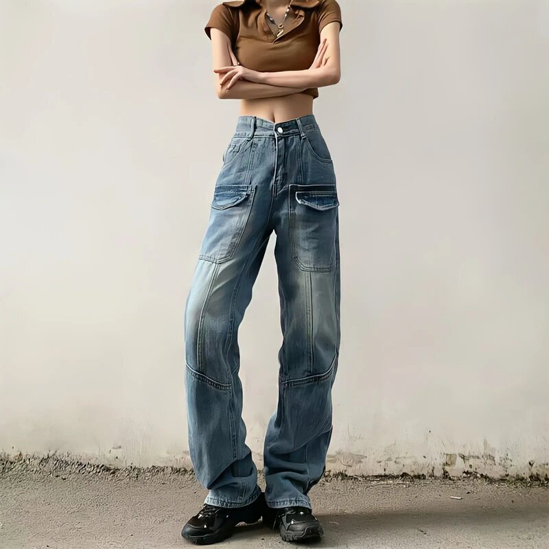 موضة بنطال ذو قصة أرجل واسعة كبيرة الحجم الجينز النساء الشارع الشهير Y2k البضائع السراويل الصيف النمط الأمريكي عالية الخصر سراويل جينز خمر #3