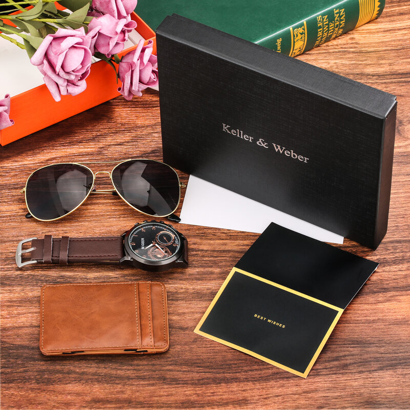 عالية الجودة ساعة رجالي مجموعة خمر براون حزام من الجلد الأعمال المحفظة النظارات الشمسية موضة ساعات كوارتز هدية صندوق للزوج