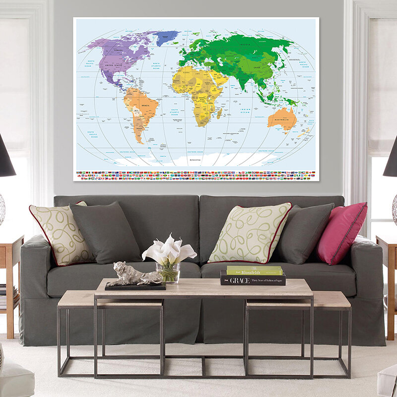 150x225 سنتيمتر العالم خريطة سياسية مع أعلام وطنية Mercator الإسقاط غير المنسوجة حائط لوح رسم ملصق فني ديكور المنزل