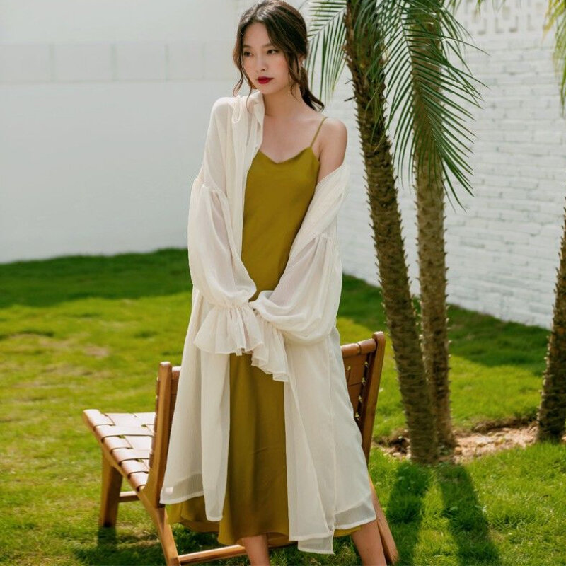 Mid-length Shirts Women Simple Pure Flare Sleeve Breathable Vacation All-match Sun-proof Summer Elegant Chic Korean Style Female #5