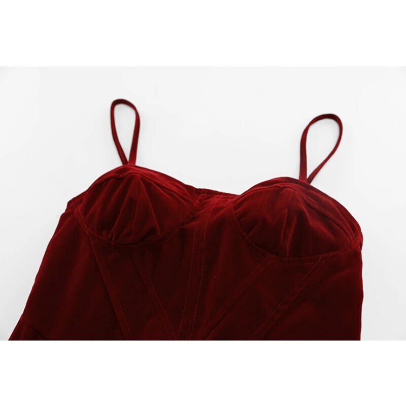 الربيع و الصيف جديد الفساتين للنساء الأحمر المخملية فستان صديرية دائرية بلا أكمام الخصر تنورة طويلة الإناث مثير الرجعية هونغ كونغ نمط
