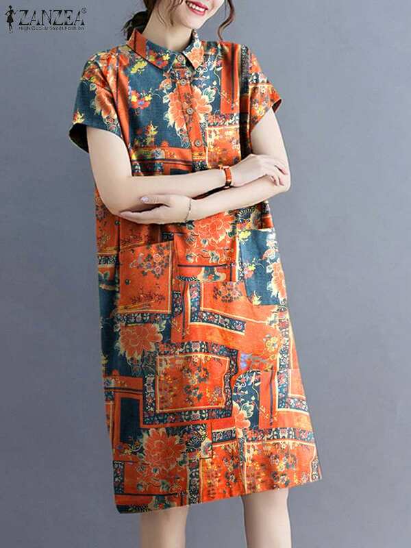 فستان نسائي صيفي عتيق مطبوع عليه زهور فستان صيفي 2022 من ZANZEA غير رسمي بأزرار قميص فيستدوس نسائي فضفاض رداء نسائي كبير الحجم #1