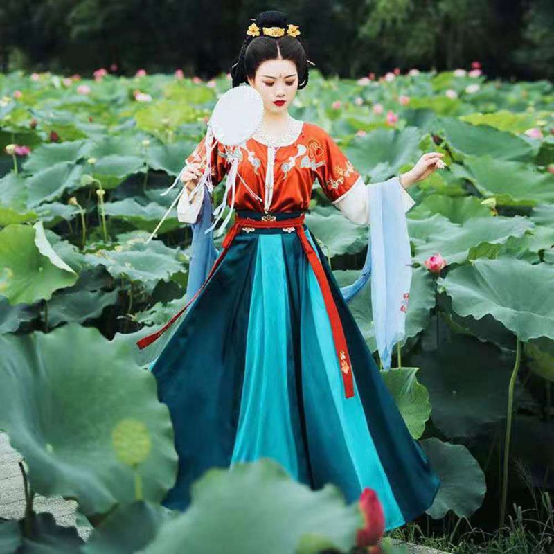 أزياء نسائية صينية تقليدية من Hanfu تانغ ، أزياء أداء الرقص الشعبي ، فستان الأميرة الخيالي المطرز ، مجموعة زي تشيباو