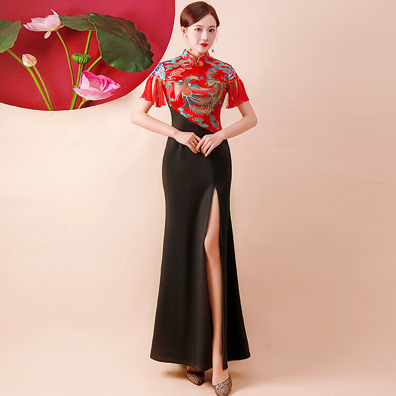 جديد التطريز فينيكس Qipao مثير سبليت Chesongam المرأة الساتان Vestidos أنيقة اليوسفي طوق فستان صيني شرابة عرض للأزياء
