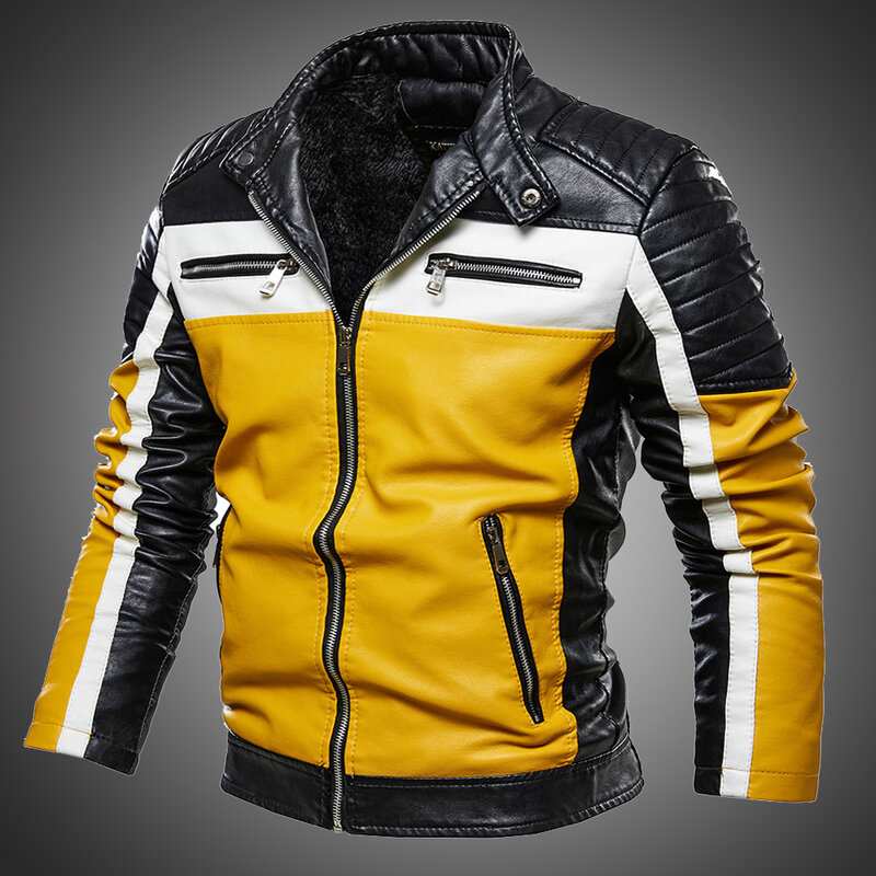 Men Yellow PU Leather Jacket Patchwork Biker Jackets  Casual Zipper Coat Male Motorcycle Jacket Slim Fit Fur Lined Outwear Coat #1
