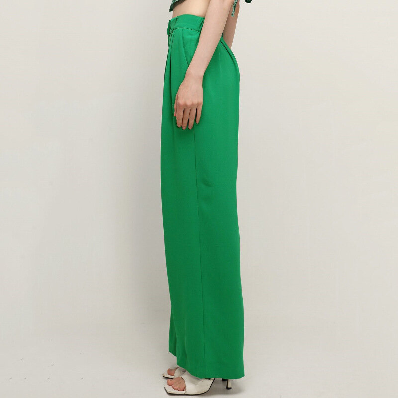 سروال مستقيم عالي الخصر باللون الأخضر على الموضة يناسب النساء في الشارع الشهير سروال واسع الساق يناسب السيدات في المكتب ملابس نسائية